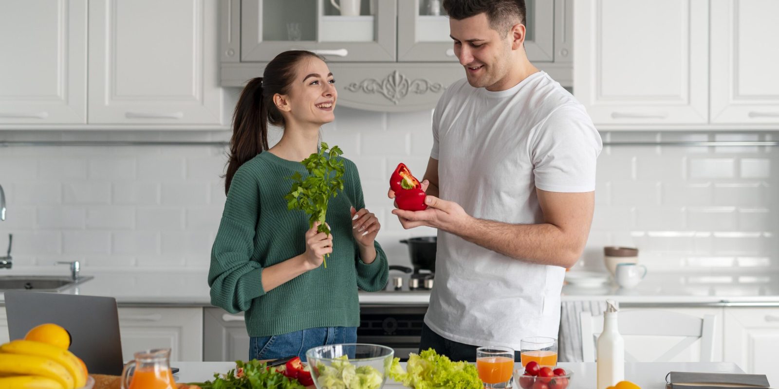 young couple cooking home
